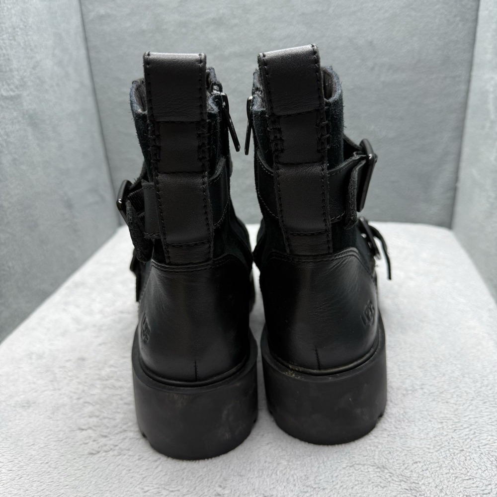 UGG Noe Black Leather Suede Moto Combat Boots Women's 10 Buckle Lug Sole Zip - Picture 6 of 9